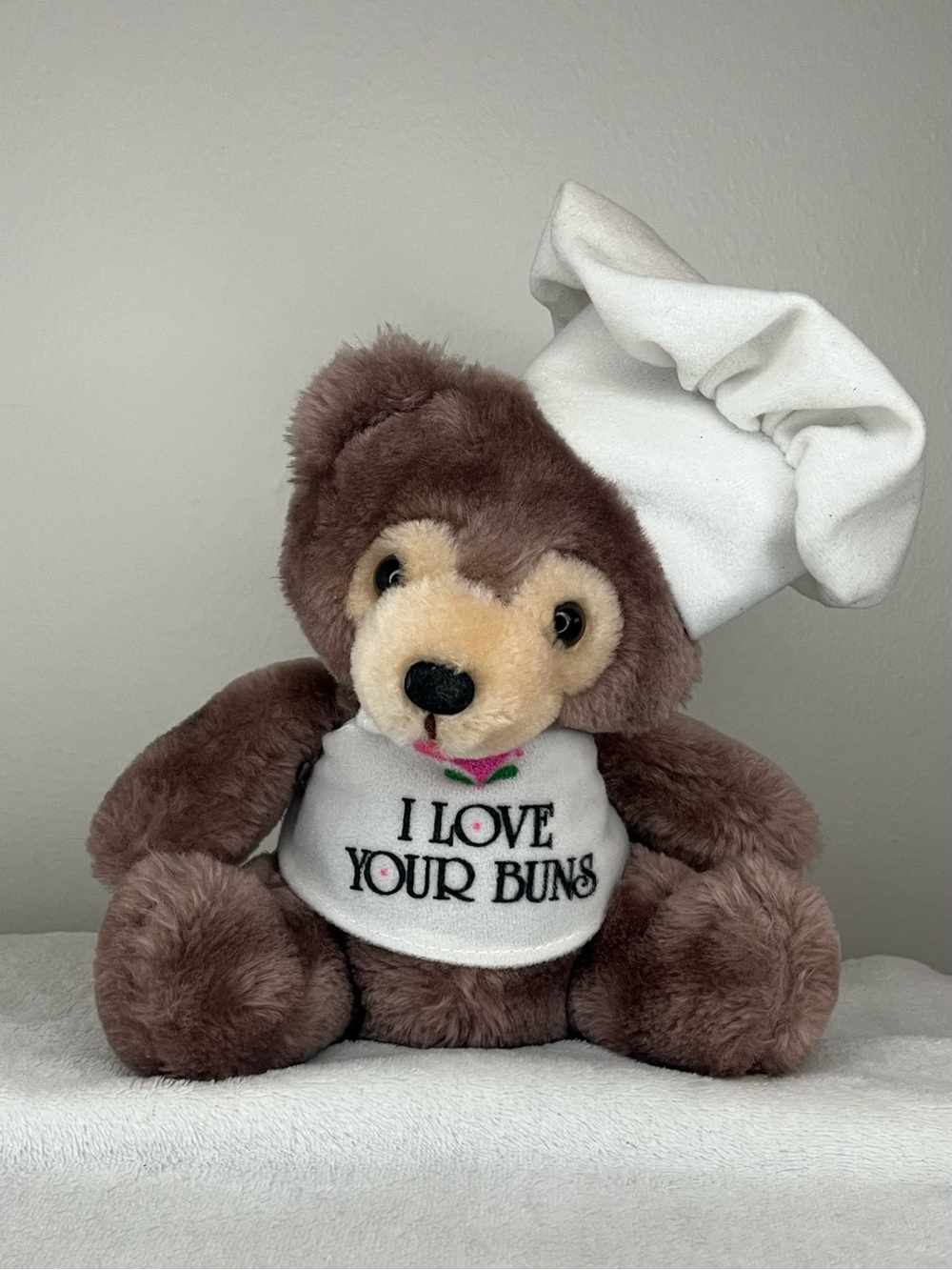 Russ Berrie Brown Chef Bear Plush with 'I LOVE YOUR BUNS' apron and Chef Hat